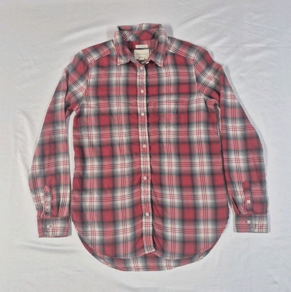 American Eagle Flannel Shirt Womens XS Red Gray Plaid Boyfriend Button Up Soft